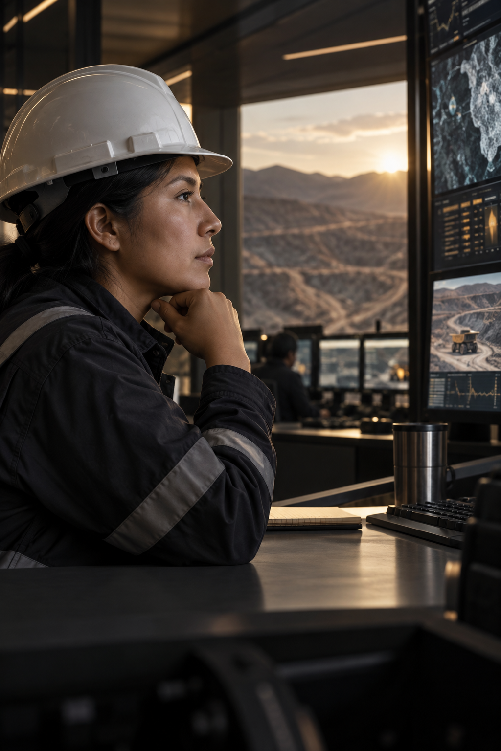 Ingeniera monitoreando una operación minera desde una sala de control