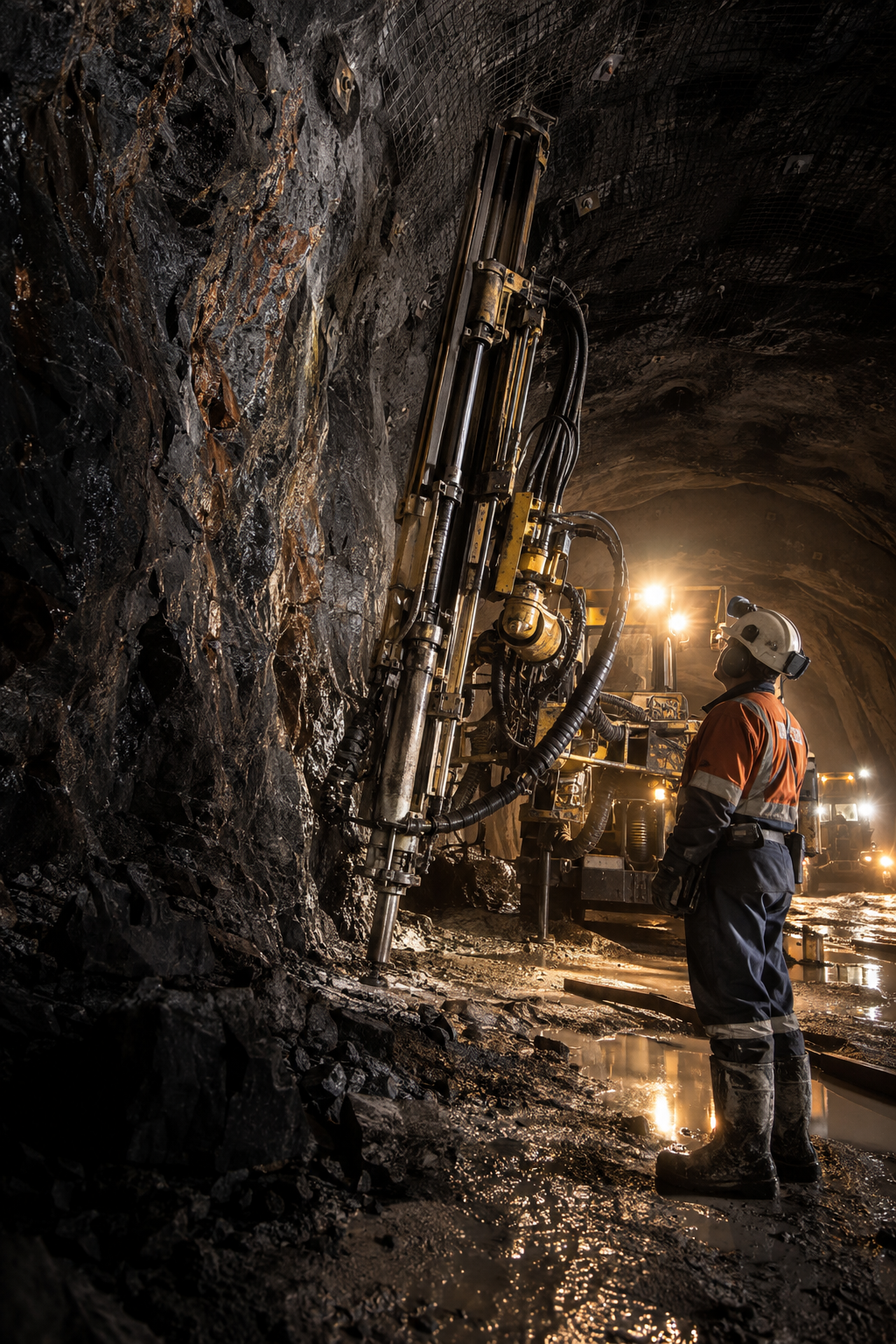 Trabajador inspeccionando una perforadora en minería subterránea